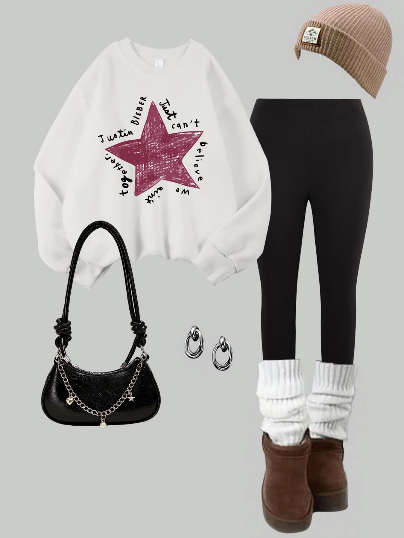 Womens Autumn Winter Sweatshirt & Leggings Two Pieces Set Just Believe Pentagram Print Streetwear Street Fleece Warm Pants