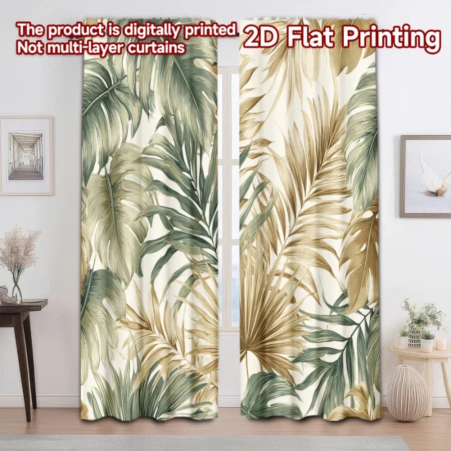 2PCS Digital Printed Curtains with Palm Leaves Design, Stylish Window Drapes for Living Room Bedroom Home Decoration and Kitchen