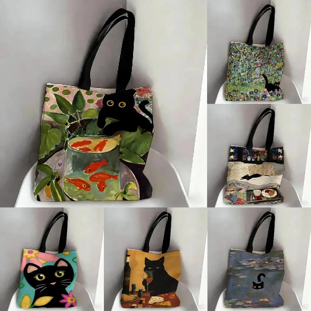 Matisse Monet Black Cat Storage Bags Canvas Double-Sided Print Fashion Shoulder Tote Shopping Bag Gift Eco Handbags