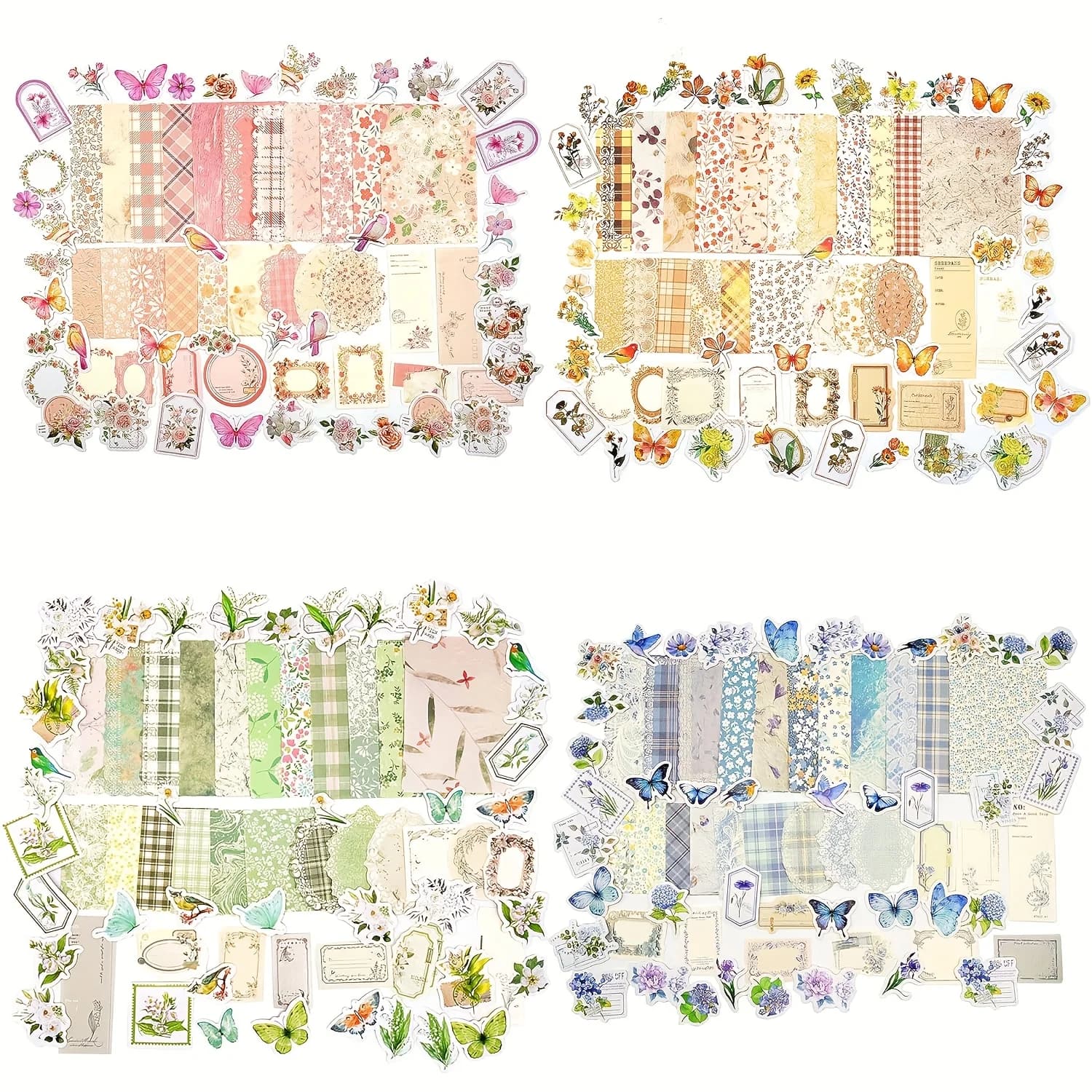 400pcs/4 Pack Vintage Floral Scrapbook Paper & Journaling Stickers Assorted Set Junk Journal Crafts Planner Collage Album DIY
