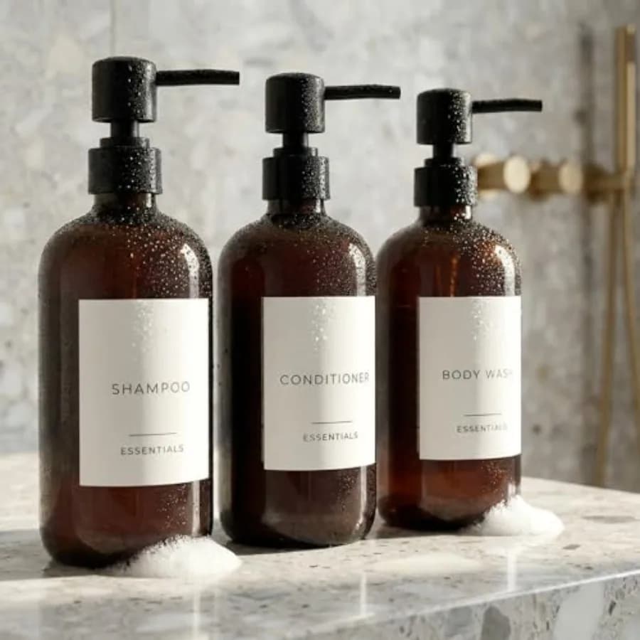 Set di 3 Eleganti Dispenser per Shampoo e Balsamo - Bottiglie PET Moderne da 21oz per Sapone Doccia con Pompa ed Etichette - Facili da Ricaricare