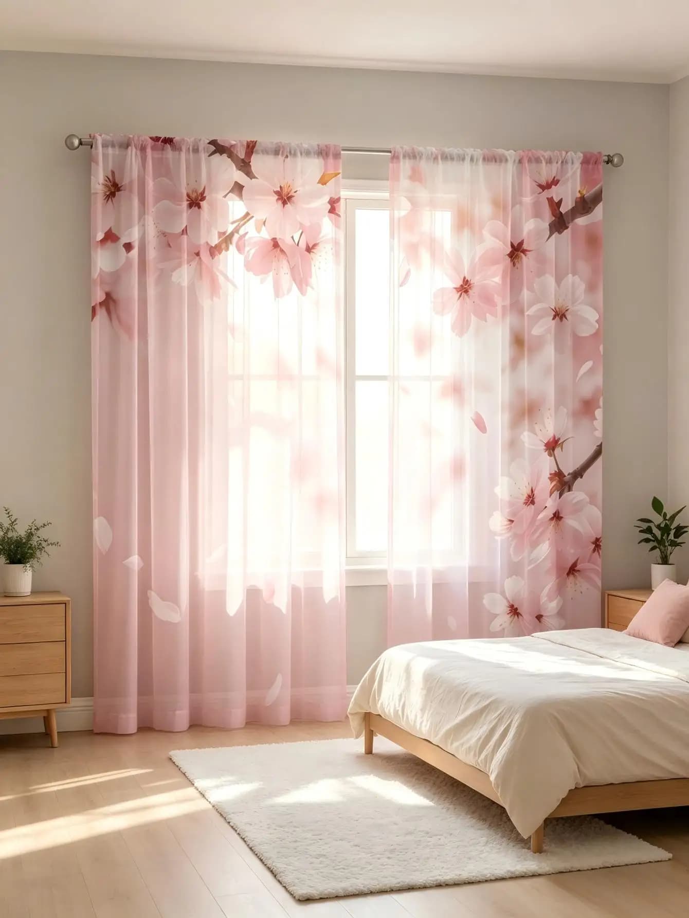 2PCS Digital Print Sheer Curtain, Soft Pink Cherry Blossom Sakura Floral Window Drapes for Living Room Bedroom Home Decor