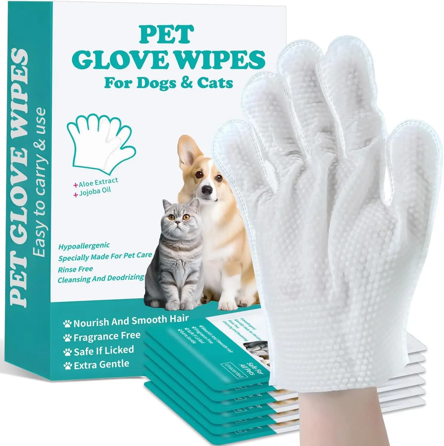 Salviette Guanto per Animali Domestici per Cani e Gatti - Confezionate Singolarmente, Idratanti, Ipoallergeniche, Senza Risciacquo per Toelettatura e Viaggi