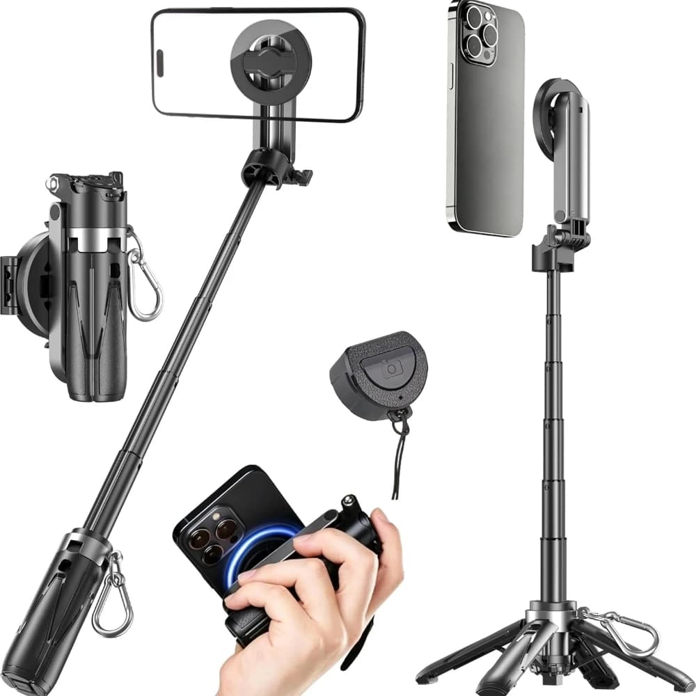 Pocket Magnetic Phone Tripod Selfie Stick, Rechargeable Remote & Metal Ring, 210° Tilt 360° Rotation for IPhone Android