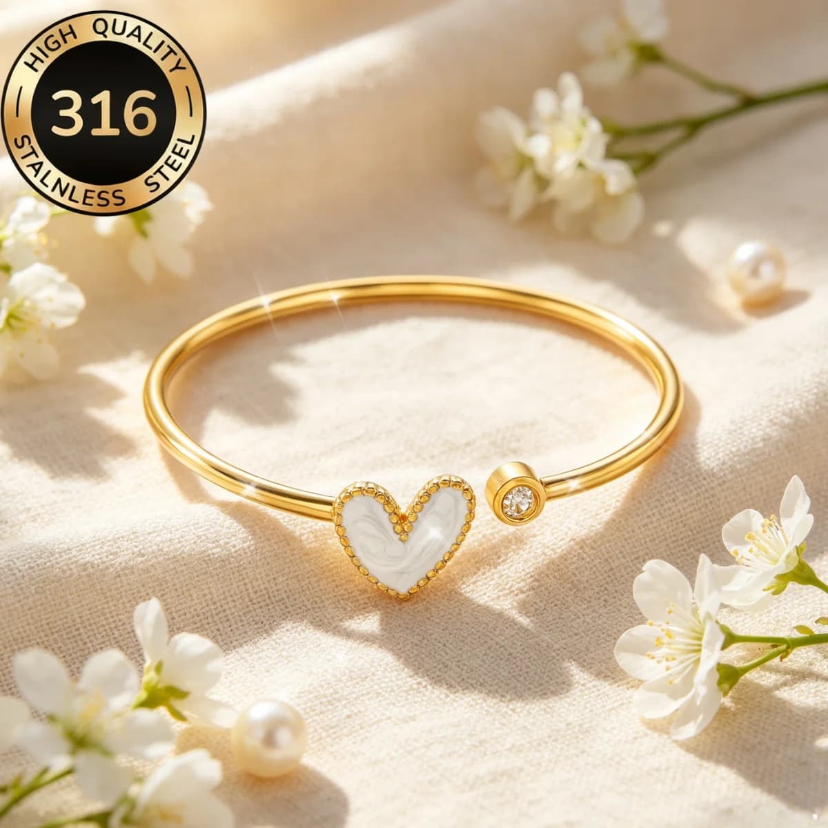 Delicate Romantic Heart Charm Cuff Bangle for Female Ladies Girl No-Fade Stainless Steel PVD Gold Plated Cute Open Hard Bracelet