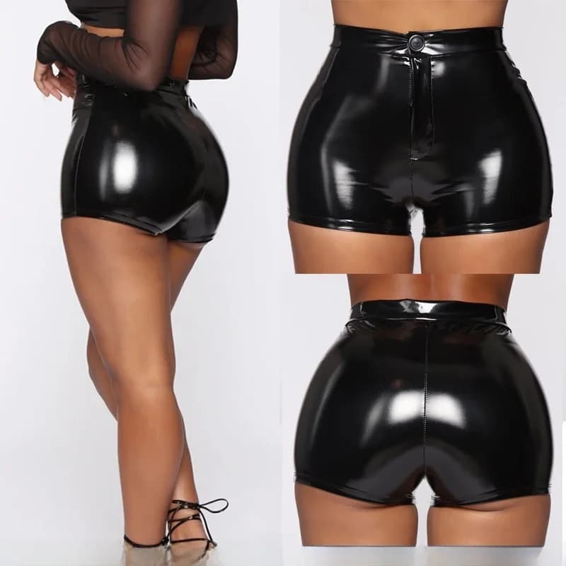 Shorts in pelle PU alla moda e sexy, a vita alta, aderenti, pantaloncini hot pants a vita alta, tinta unita, con effetto push-up, pantaloni casual da donna