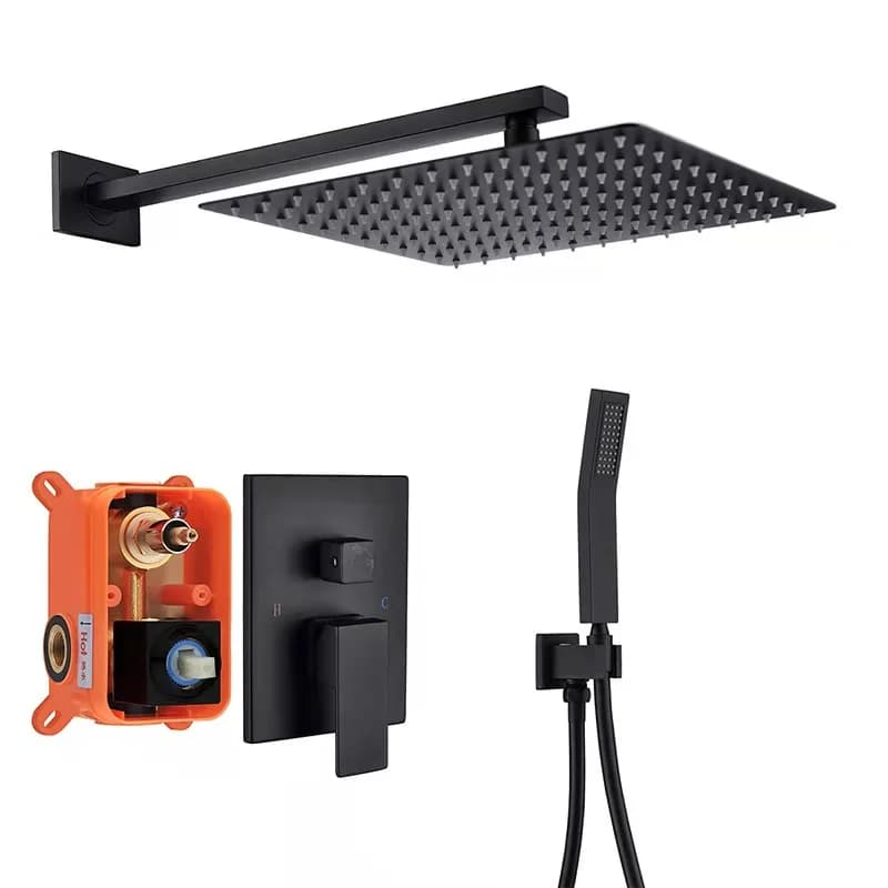 #￥Modem 10 Inch Concealed Square Shower Faucet Black Brass Single Handle 2 Functions Bathroom Rain Shower Set