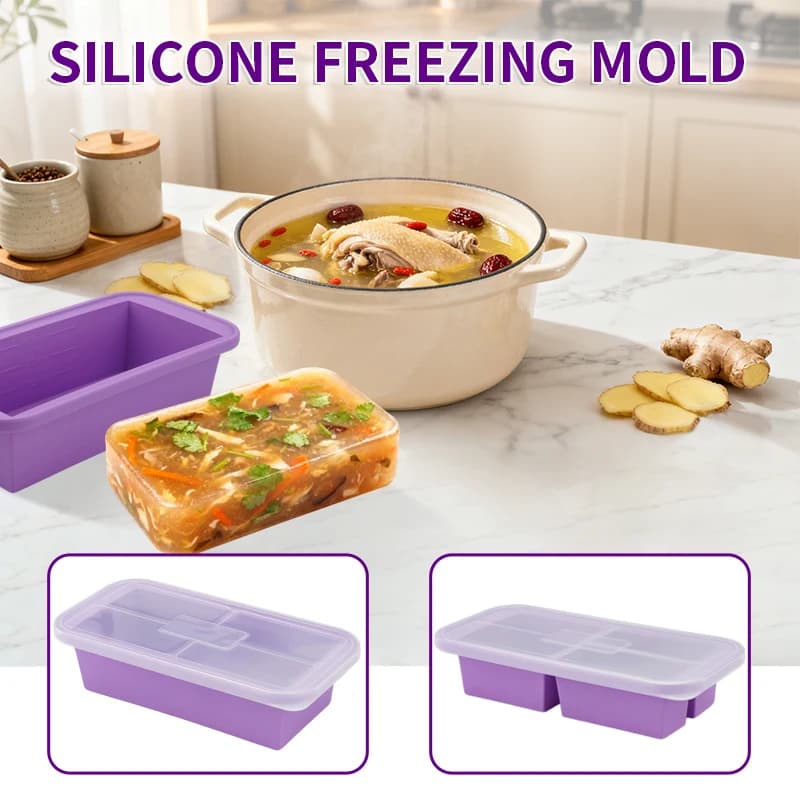 Stampo per congelatore in silicone con coperchio, contenitore per alimenti, vassoio per cubetti di ghiaccio, stampo per la produzione di lce, contenitore per alimenti per zuppe, bevande
