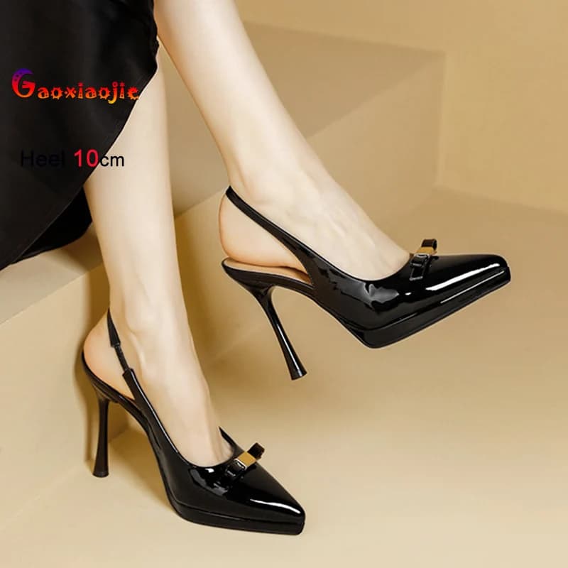 Sandali Neri a Punta con Tacco Alto da Donna 10CM, Scarpe Slingback Comode con Plateau per Lavoro Quotidiano, Scarpe Estive Eleganti per Feste