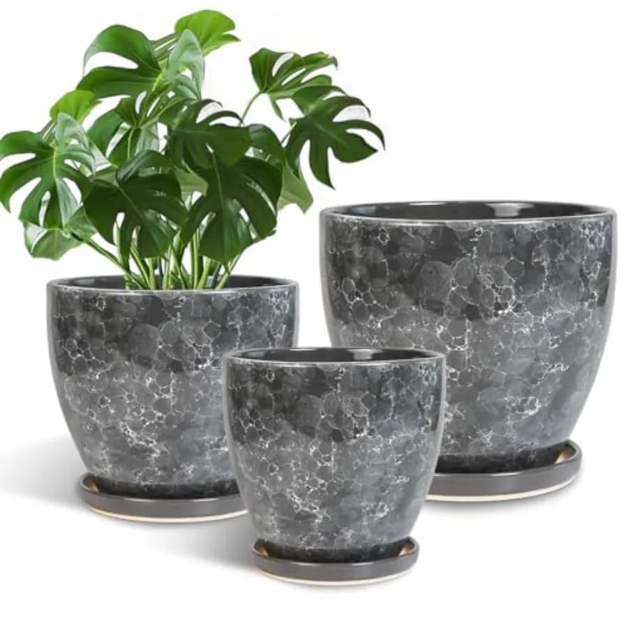 Ceramic Pots for Plants - 10+8+6 Inch Modern Grey Flower Pot Set for Indoor Outdoor Use, Round Planters with Drainage Holes and