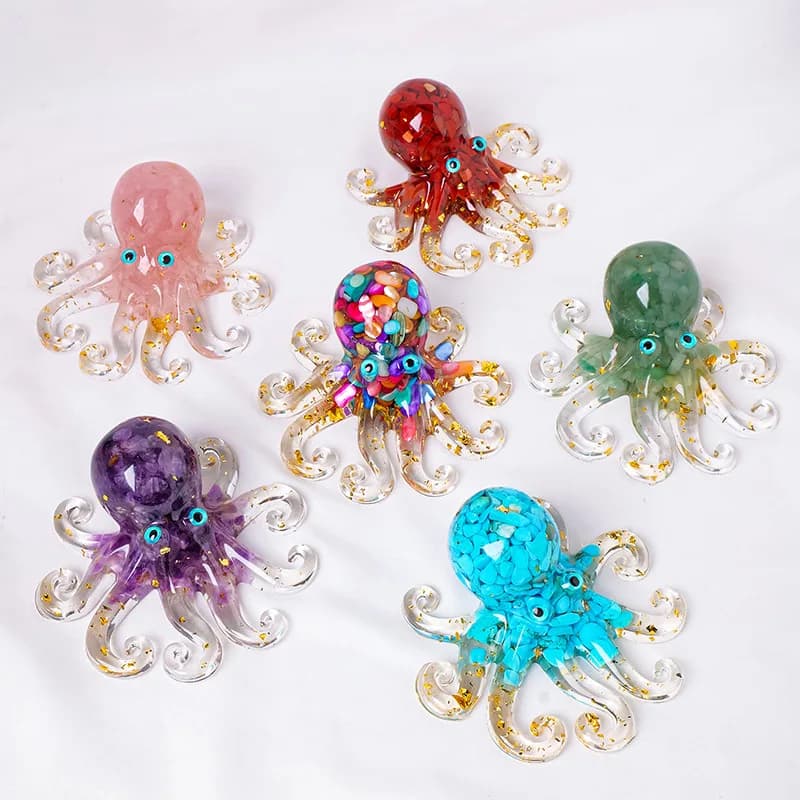 Natural Crystal Chip Epoxy Resin Octopus Sculpture Unique Desk Decor for Home Office Squid Inspired Artistic Ornament Gift Idea