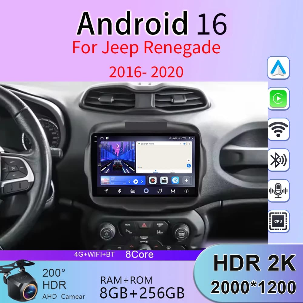 For Jeep Renegade 2016 2017 2018 2019 2020 Wireless CarPlay Android 16 Auto Radio Stereo Car Multimedia Video Player No 2 Din BT