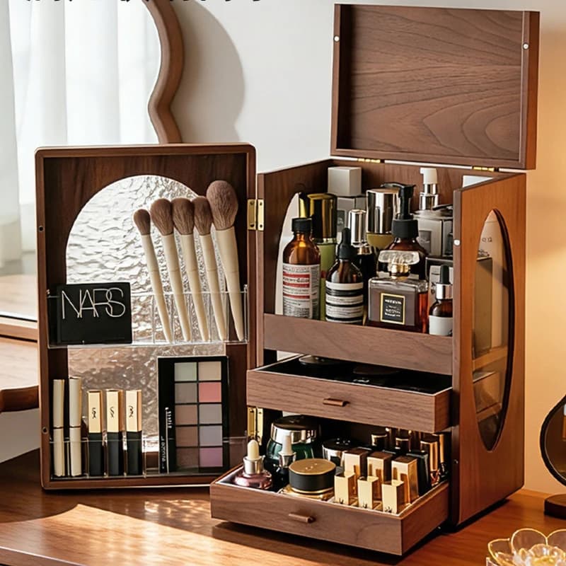 Large Capacity Wooden Storage Box, Drawer Cosmetics Organizer, Dustproof Makeup Brush Case, Desktop Vanity Skincare Cabinet