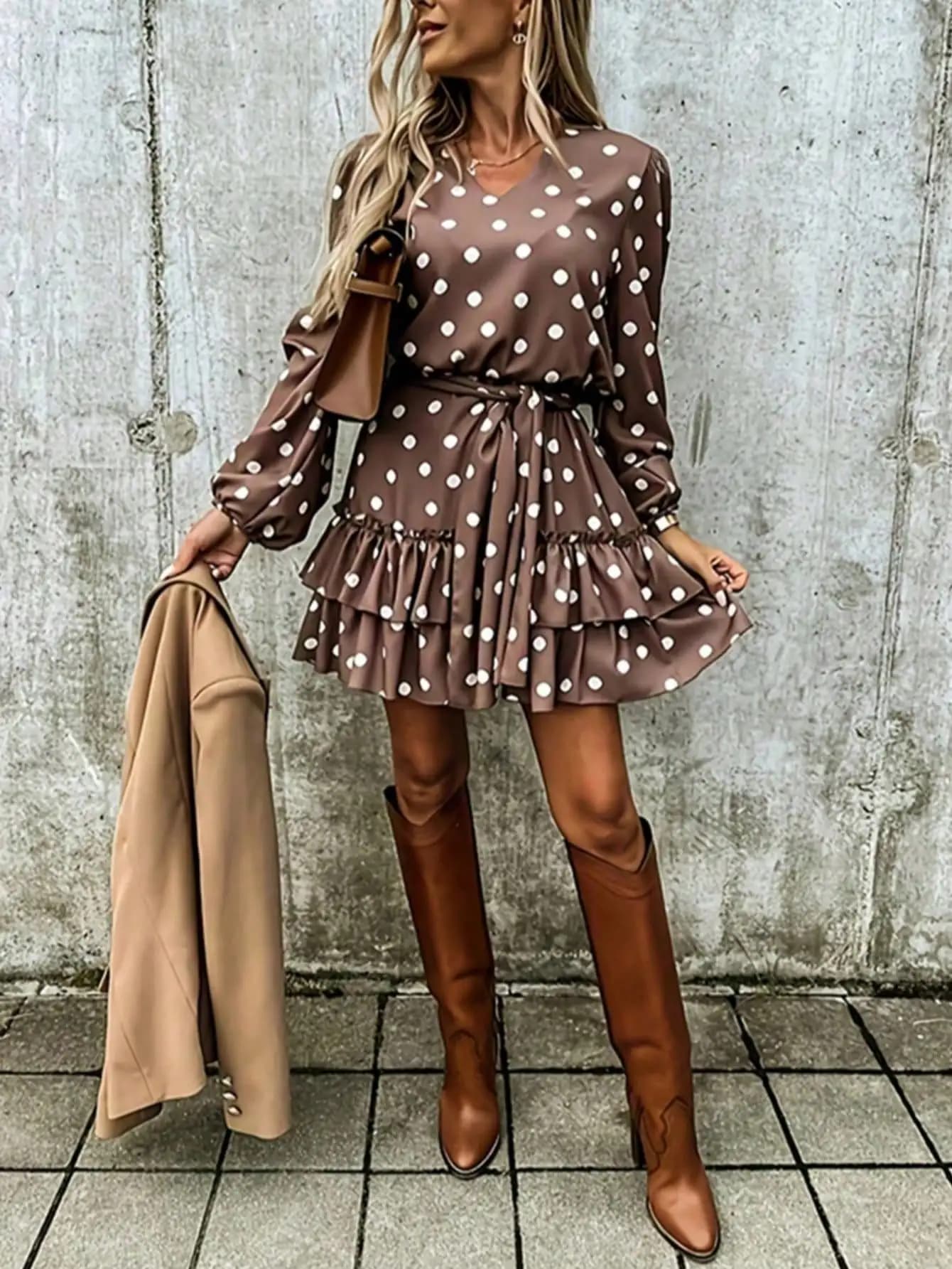 Elegant Polka Dot Multi-Tier A-Line Ruffle Sleeve V-Neck Belted Casual Dress Coffee