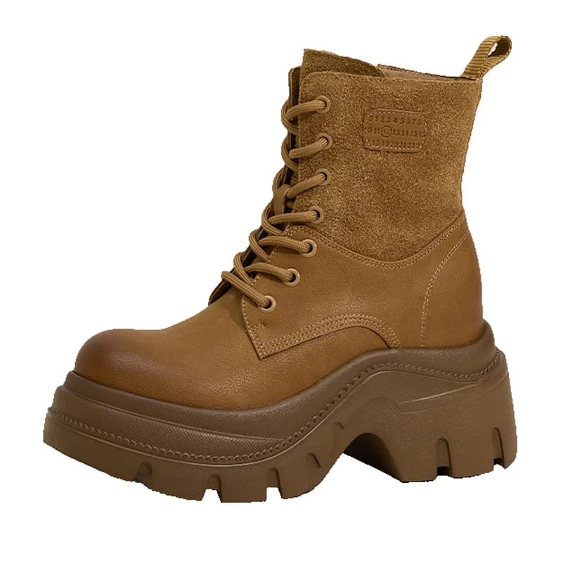 9.5CM Autumn Winter Thick Platform Women Short Boots Lace Up Ankle Boots Leather Chunky Sneakers Motorcycle Boots Botas Mujer