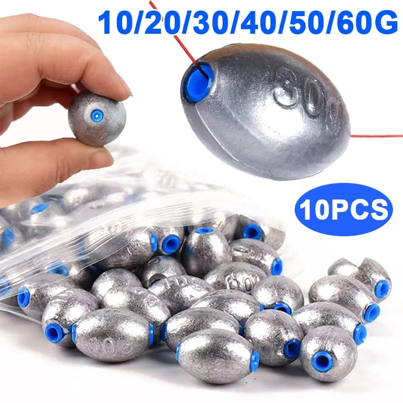 10pcs 10/20/30/40/50/60g Fishing Lead Olive Shaped Sinkers with Plastic Plug Hollow Lure Lead Weights Fishing Slip Shot Sinkers