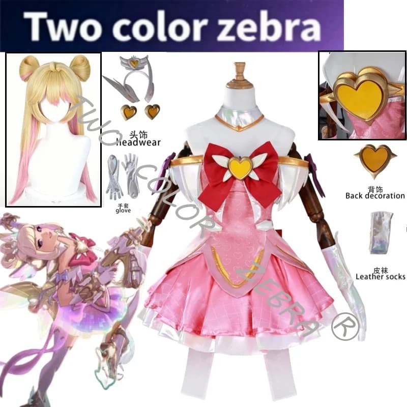 Costume Cosplay Overwatch 2 Juno Heart of Hope, Abito Rosa con Stampa a Cuori, Fiocco Rosso, Finiture Dorate e Parrucca per Comic Con