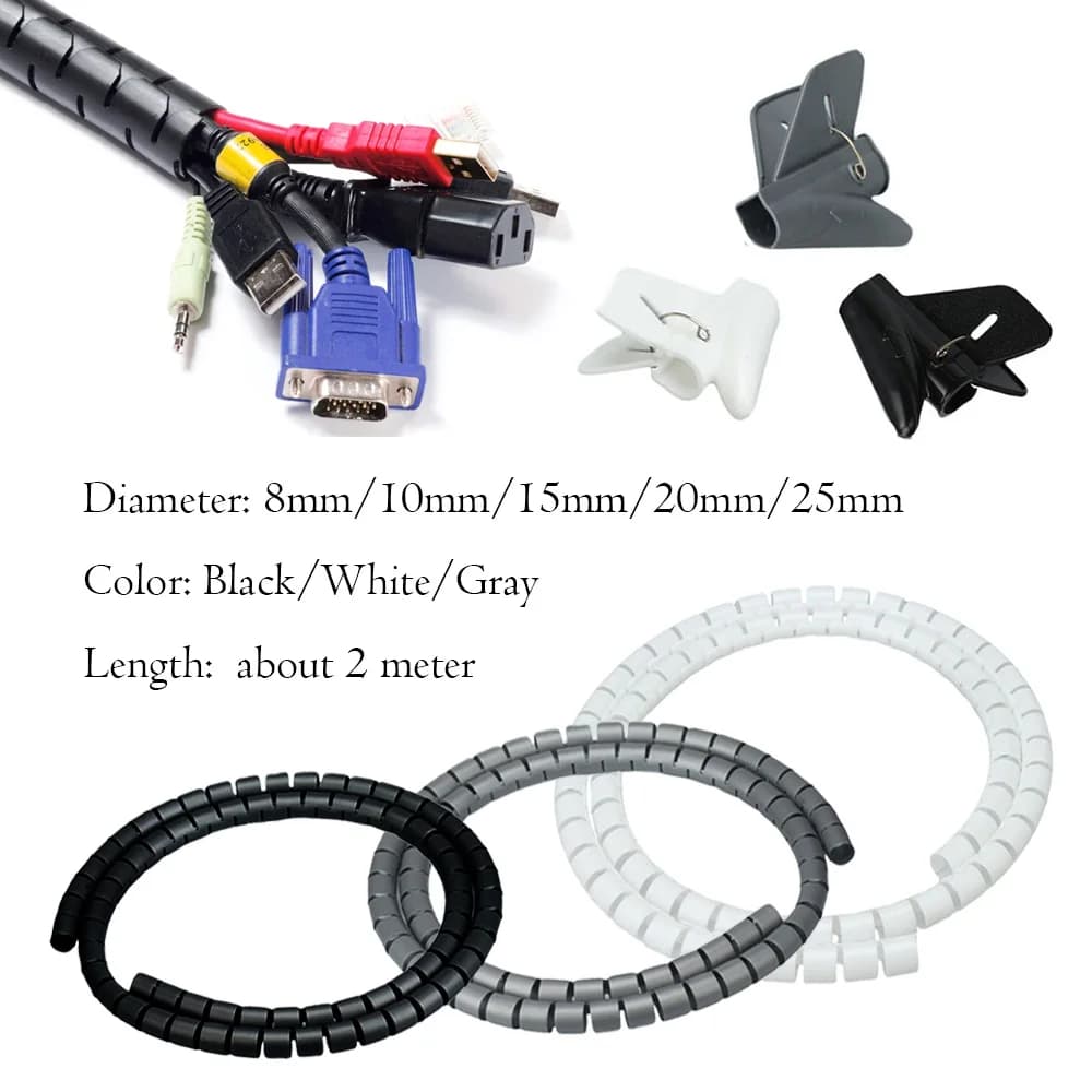 Manicotto per cavo a spirale da 2 m, avvolgicavo flessibile da 8-25 mm, organizer per cavi per la gestione della scrivania, tubo protettivo per cavi, nero/grigio/bianco