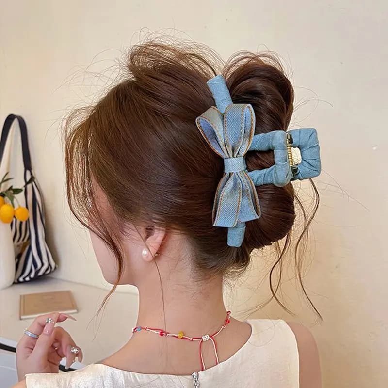 1pc korean new fashion blue denim transparent bow gray hair clip shark accessories for summer hair
