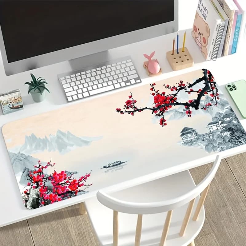 Tappetino da scrivania stampato Red Plum Blossom Lake Pavilion, tappetino per mouse extra large in gomma morbida, tappetino da gioco estetico tradizionale, multi-misura