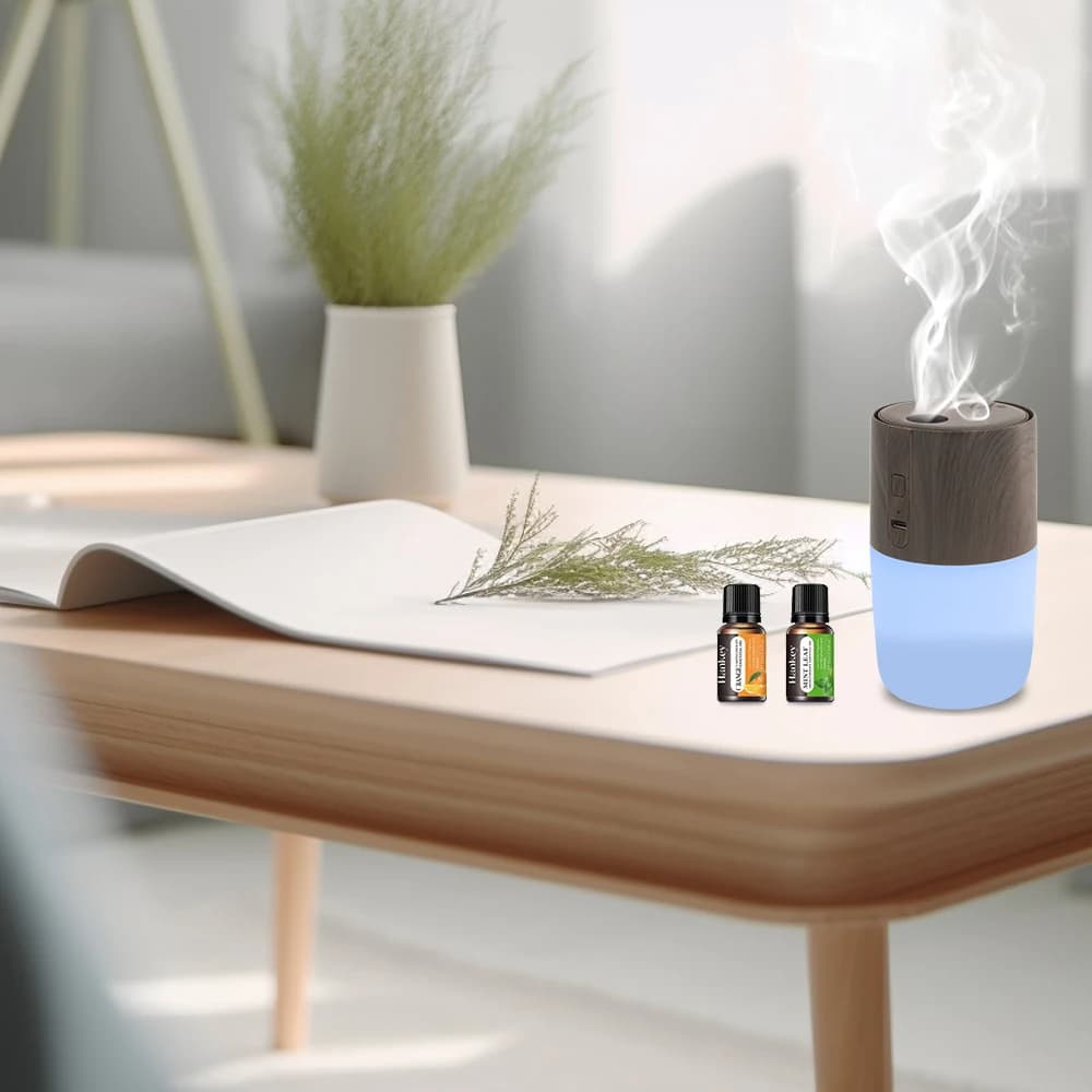 NUOVO 7 colori LED venature del legno umidificatore 300ml diffusore ad ultrasuoni per auto e casa aromaterapia con funzione di purificazione dell'aria 2 Essenti