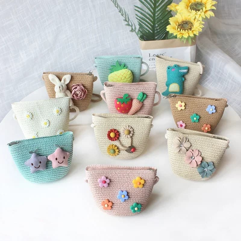Clown bag in straw fabric for kids summer beautiful girls coin purses small shoulder bags for kids Mini Princess wallet