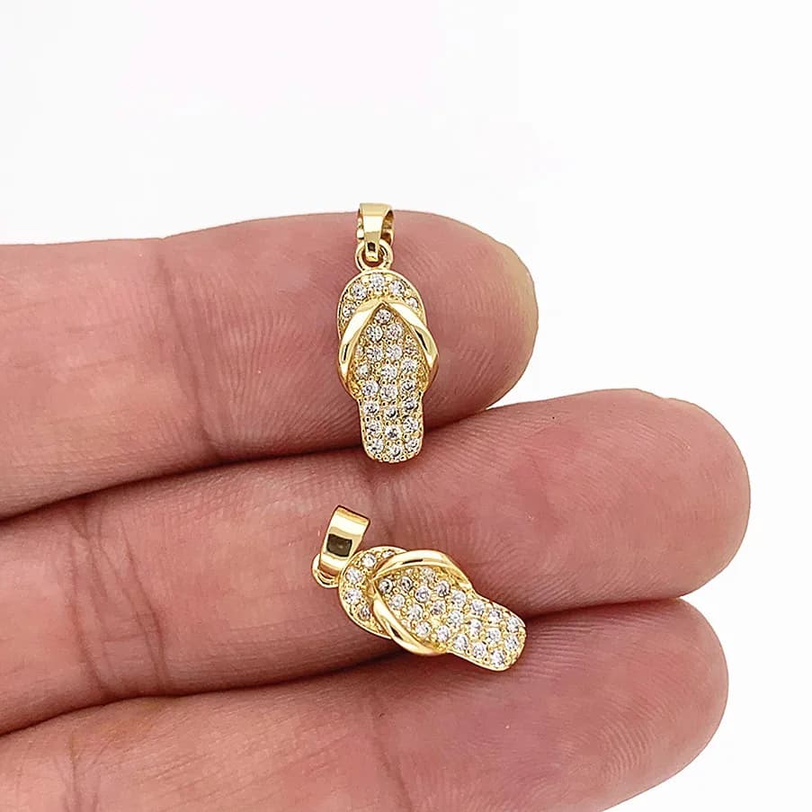 Fashion Metal Flip Flops Slipper Shoe Pendant Zircon Cold Plated DIY Necklace Keychain Beach Jewelry Accessories For Women Girls