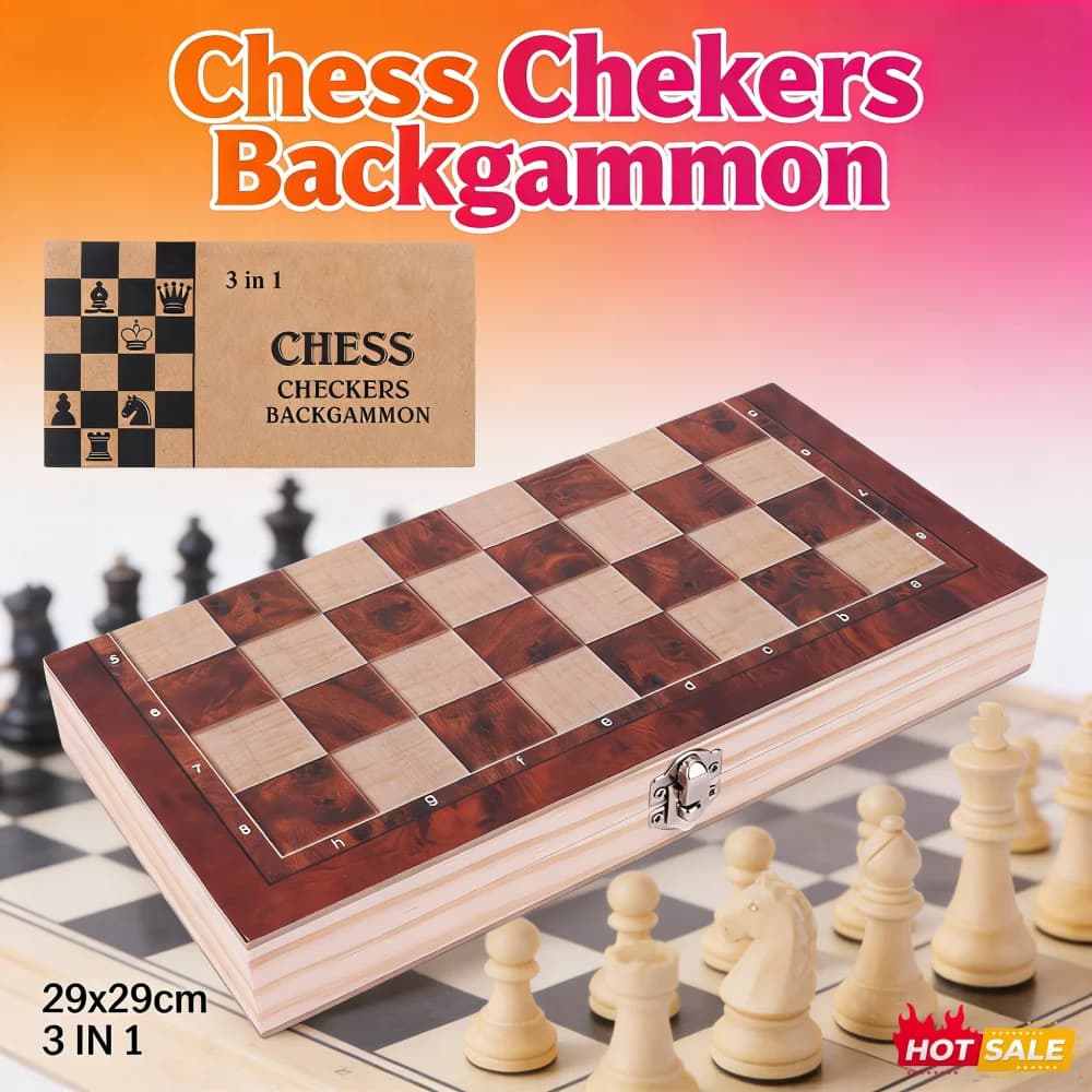 Set di Scacchi in Legno 3 in 1 con Dama e Backgammon, 29cm, Pieghevole e Portatile, Gioco da Tavolo per Sviluppare il Pensiero Strategico