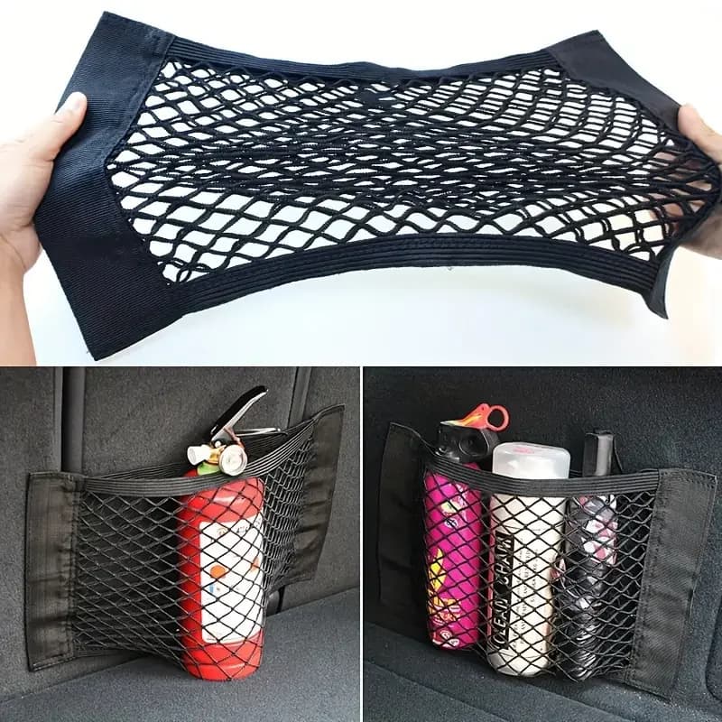 1 scatola portaoggetti per bagagliaio per auto in rete nera, con cinghia a gancio e anello, facile da installare e smontare, borsa in rete elastica a doppio strato
