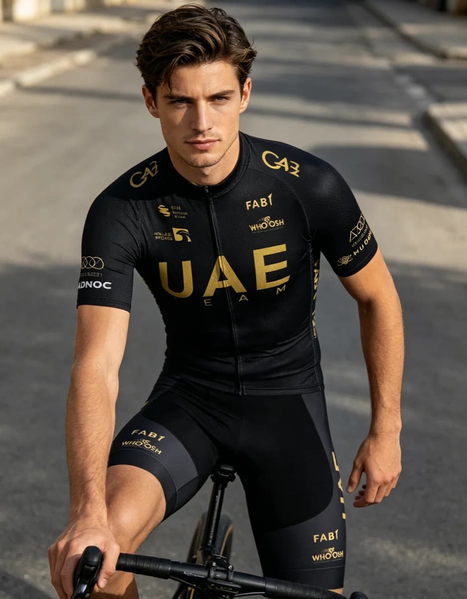 Completo Ciclismo Nero Oro UAE TEAM: Maglia e Pantaloncini Bici Uomo Donna Estivo Professionale Abbigliamento Ciclismo