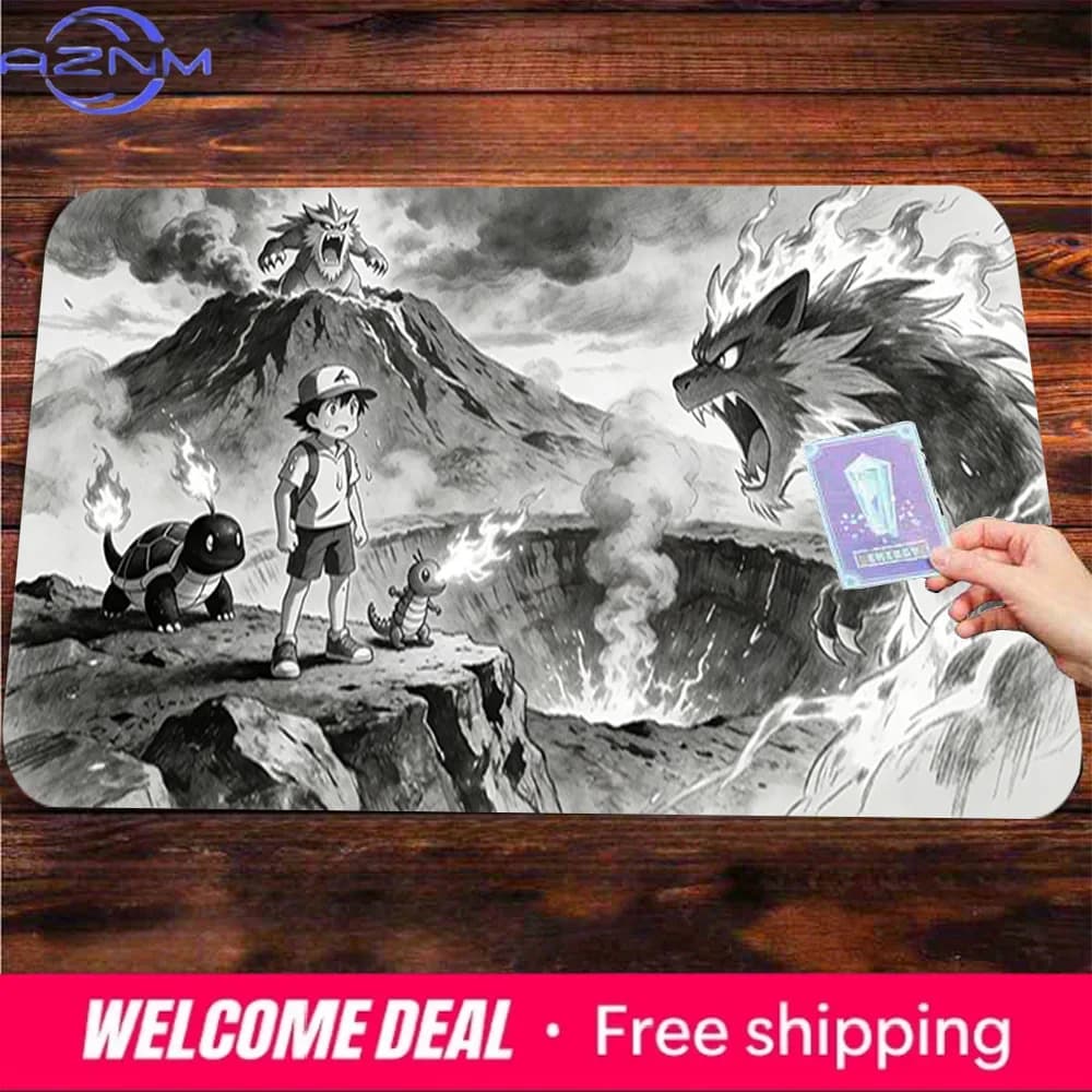 Epic Volcano Battle Ash and Pokemon Black & White Sketch TCG Playmat Non-Slip Gaming Mouse Pad