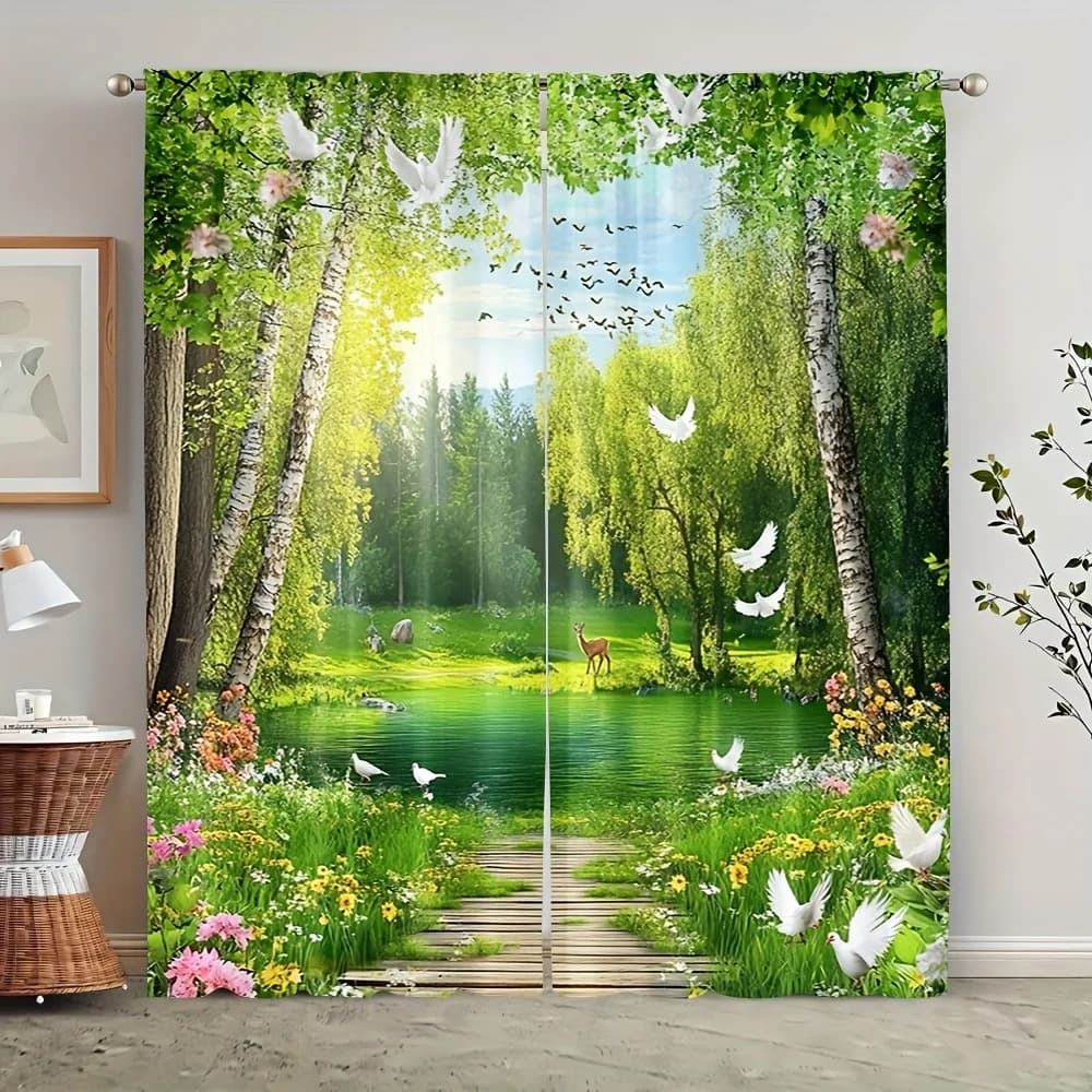 Spring Forest Scenery Rod Pocket Window Curtains 2 Panel Nature Landscape Drapes for Living Room