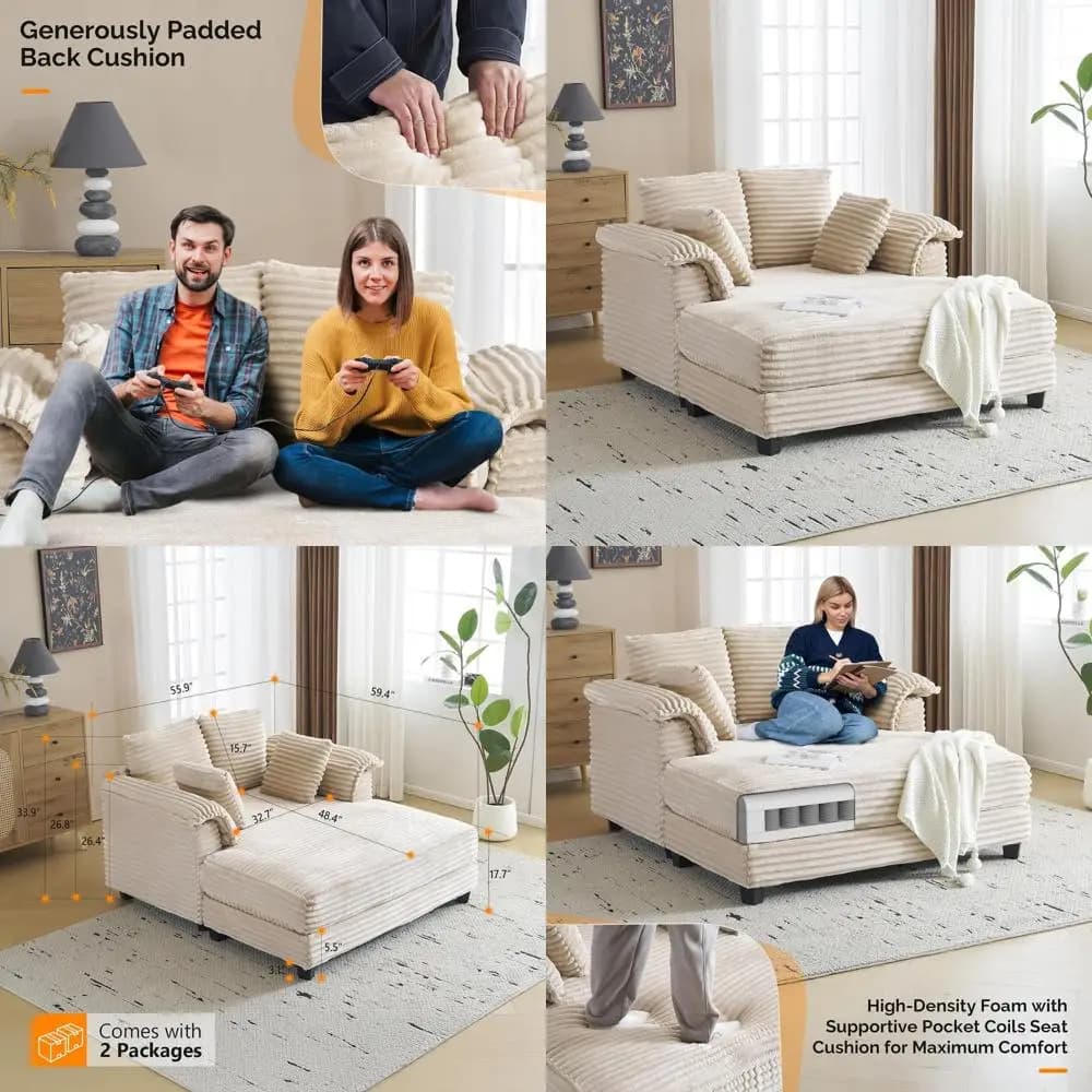 Divano Chaise Longue Oversize 56 in Velluto a Coste Beige con Cuscini per Soggiorno, Sala Cinema o Camera da Letto
