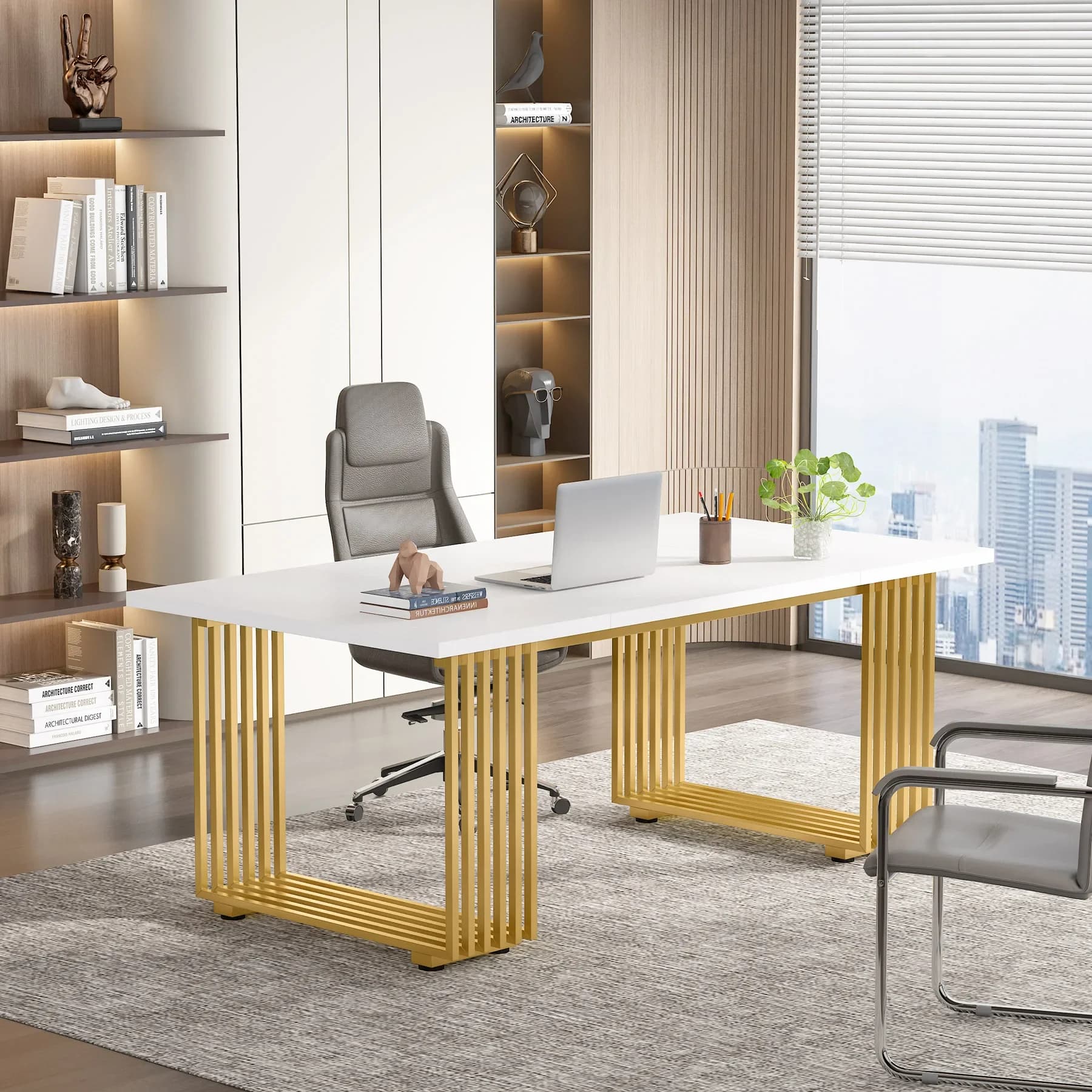 Scrivania da ufficio moderna Tribesigns, scrivania per computer in legno da 70,9", scrivania direzionale con gambe in metallo dorato, grande postazione di lavoro per ufficio domestico