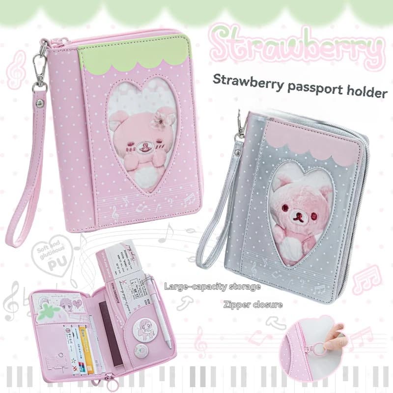 1PC Strawberry Wave Point Passport Bag Travel Passport Clip Wallet Integrated Storage Bag Multi Functional Card Bag