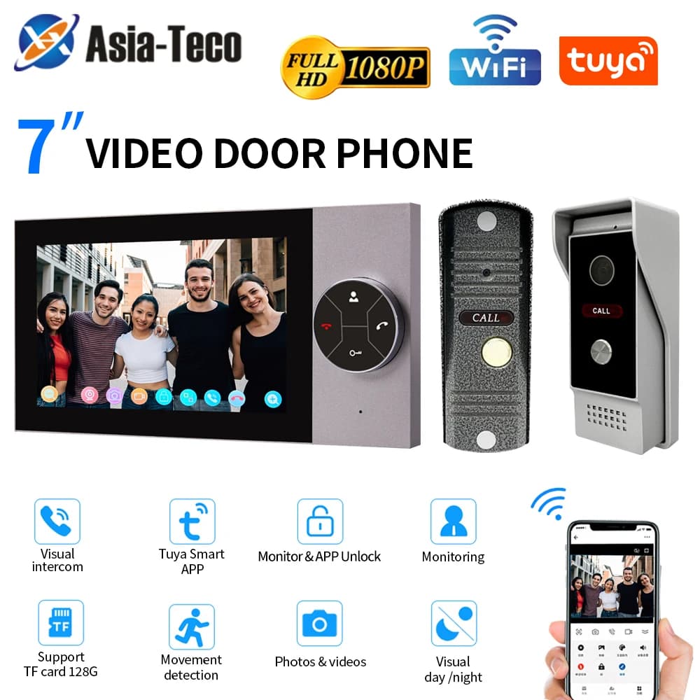 Sistema citofonico videocitofonico per casa intelligente cablato Wifi Monitor con schermo a colori da 7 pollici AHD 1080P Campanello App Tuya Sblocco remoto
