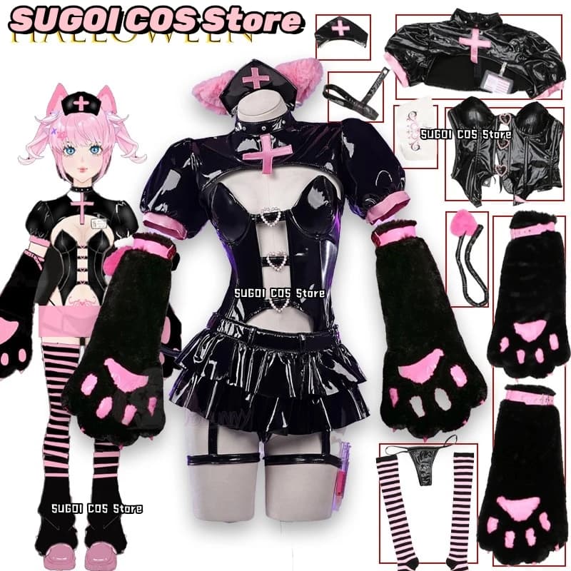 BDemon Cat Infermiera Cute Paw Girl Cosplay Pelle di poliuretano Y2K Estetica Anime Outfit Zampe Calzini alla coscia Halloween {SUGOI COS}