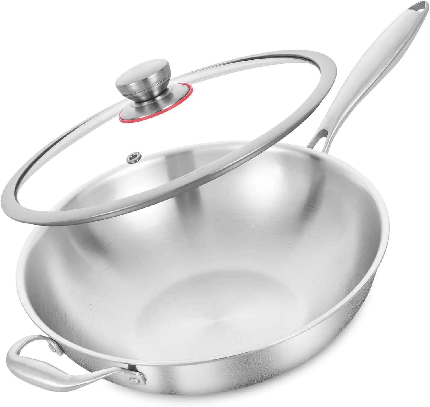 Wok made of stainless steel 13 Inches with Glass Cover, Sawing pan with Stackable Handle, Wok for