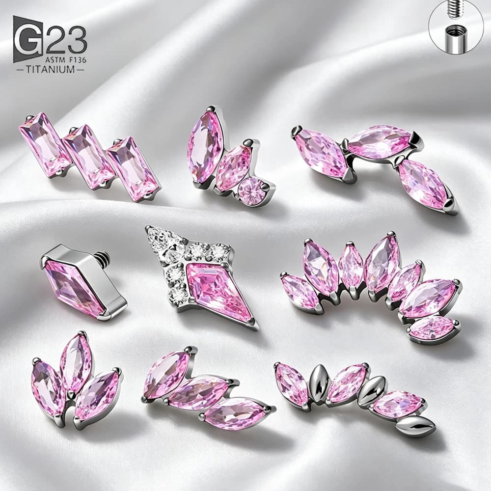G23 ASTM F136 Titanium Pink Zircon Labret Lip Stud Internal Thread Multi‑Shape Top Cartilage Tragus Body Piercing Jewelry