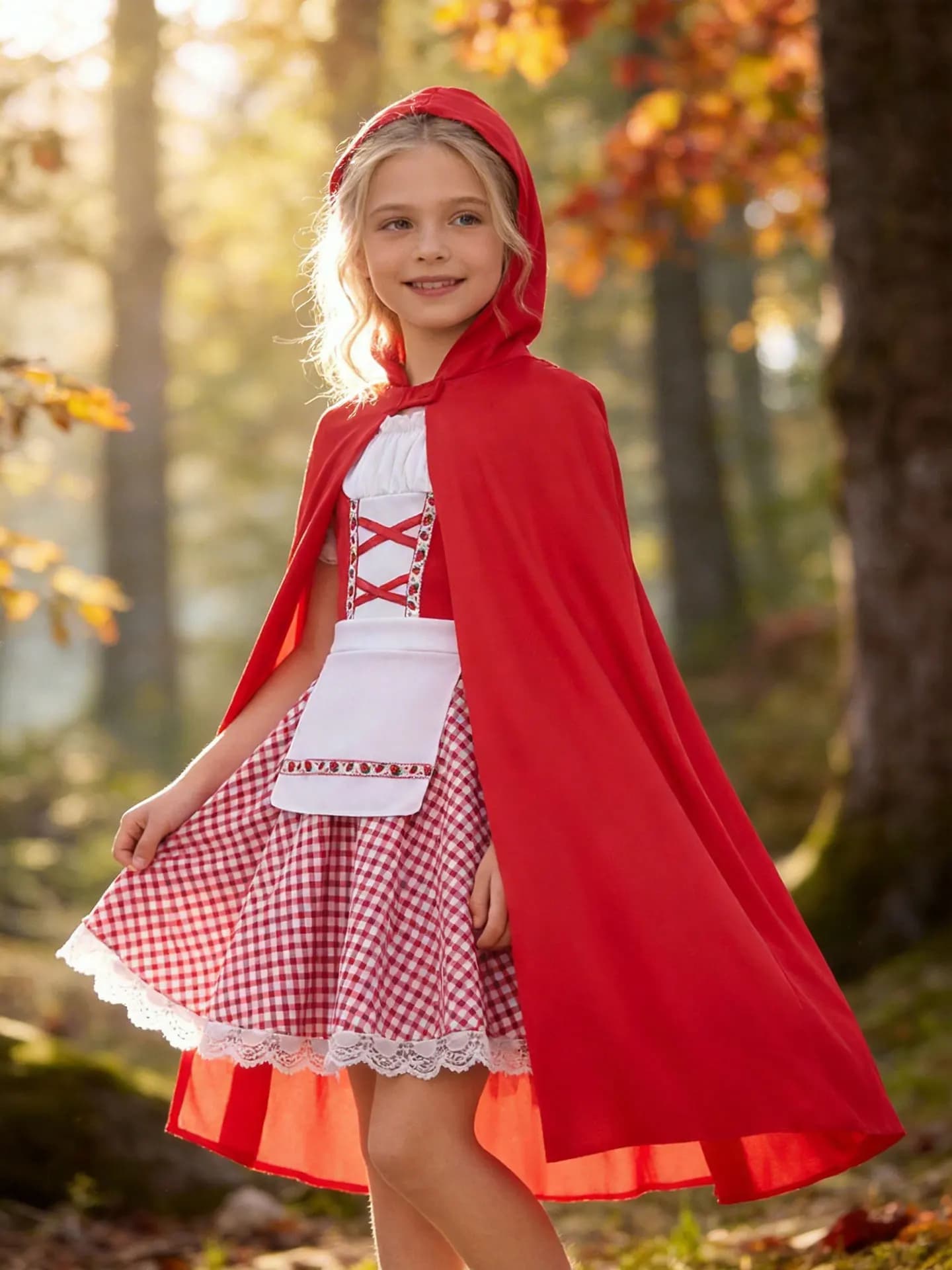 Costume da Cappuccetto Rosso per Bambine, Outfit per Halloween, Mantello Rosso con Cappuccio, Abito a Quadri con Pizzo e Fragole, Vestito da Fiaba