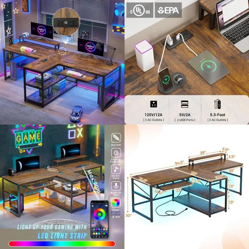 Play desk with LED lights, storage space, power outlet, keyboard tray and home monitor support in office