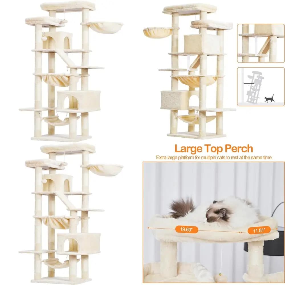 Torre per Gatti Alta 71 Pollici con 2 Posti Riposo, 2 Cucce, 2 Amache, Cesto, Tiragraffi, Beige