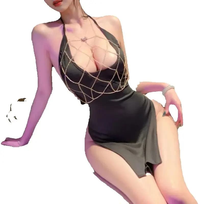 Abito sexy con fasciatura all'americana con scollo a U Abito da donna con taglio basso senza schienale Camicia da notte Party Club Abiti Vedi attraverso giochi di ruolo Catena Intimo Ragazza