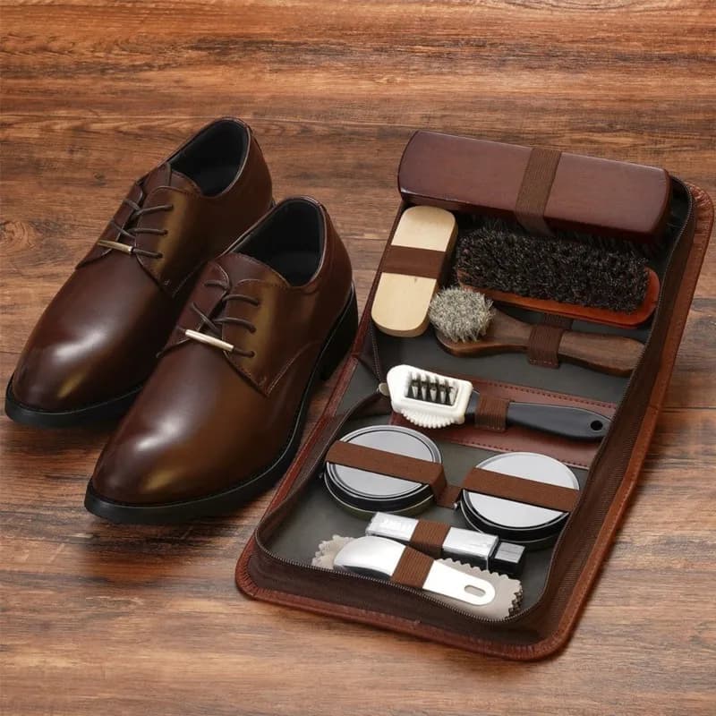 Kit Lucidascarpe Deluxe ABGH - Kit Portatile per Lucidare le Scarpe con Spazzola in Crine di Cavallo, Crema Lucidante Nera e Crema Lucidante Trasparente