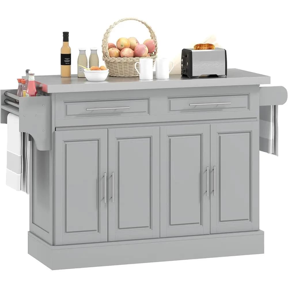 Carrello da Cucina Portatile in Acciaio Inox 47 con Ripiani Regolabili, Cassetti, Portaspezie e Portasciugamani, Grigio