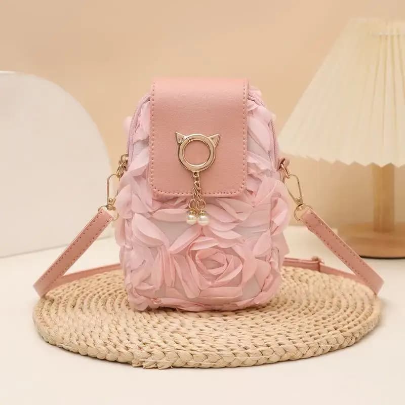 Rose Flower Mini Crossbody Bag Cute Cat Ear Pendant Shoulder Bag Niche Design Pleated Phone Purse for Girls 2025