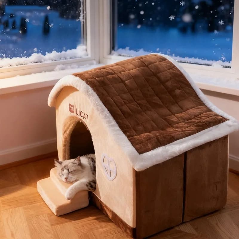 Cuccia Riscaldante per Gatti, Letto Invernale Caldo Antiscivolo per Cani, Cuccia Chiusa Staccabile per Gatti, Accessori Regolabili per Gatti