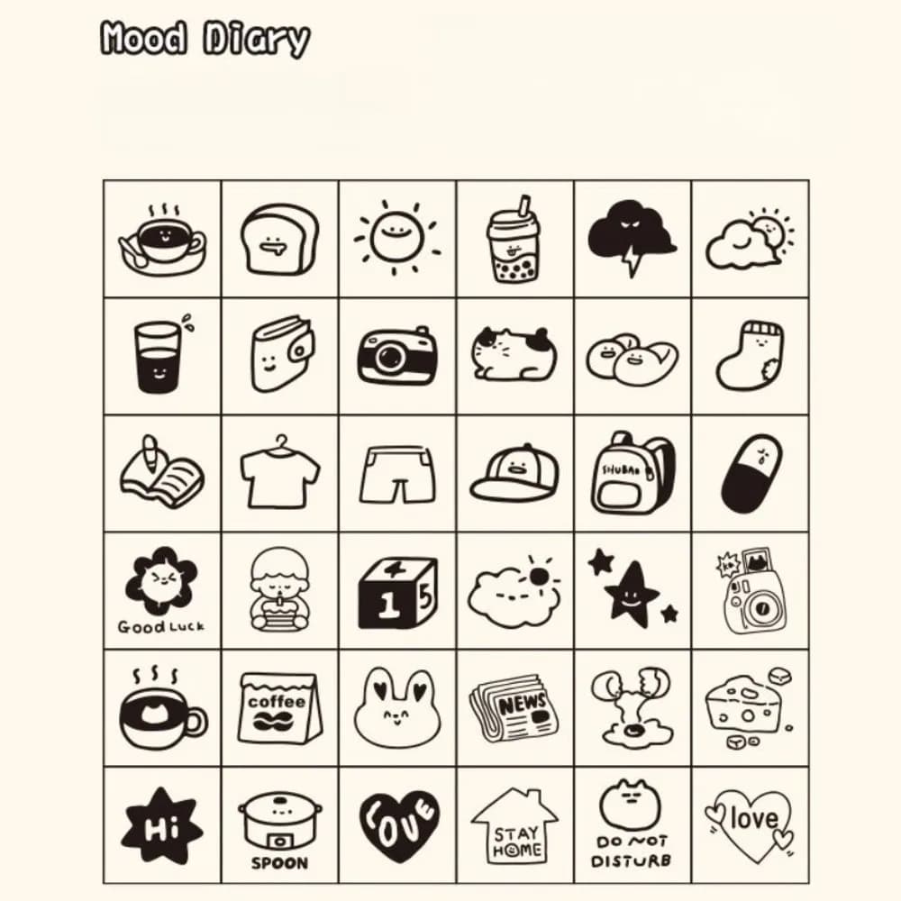 36pcs Set Daily Life Themed Wood Stamps Set Acrylic Box Cartoon Rubber Stamp DIY Craft Planner Decor Mini Wooden Stamps