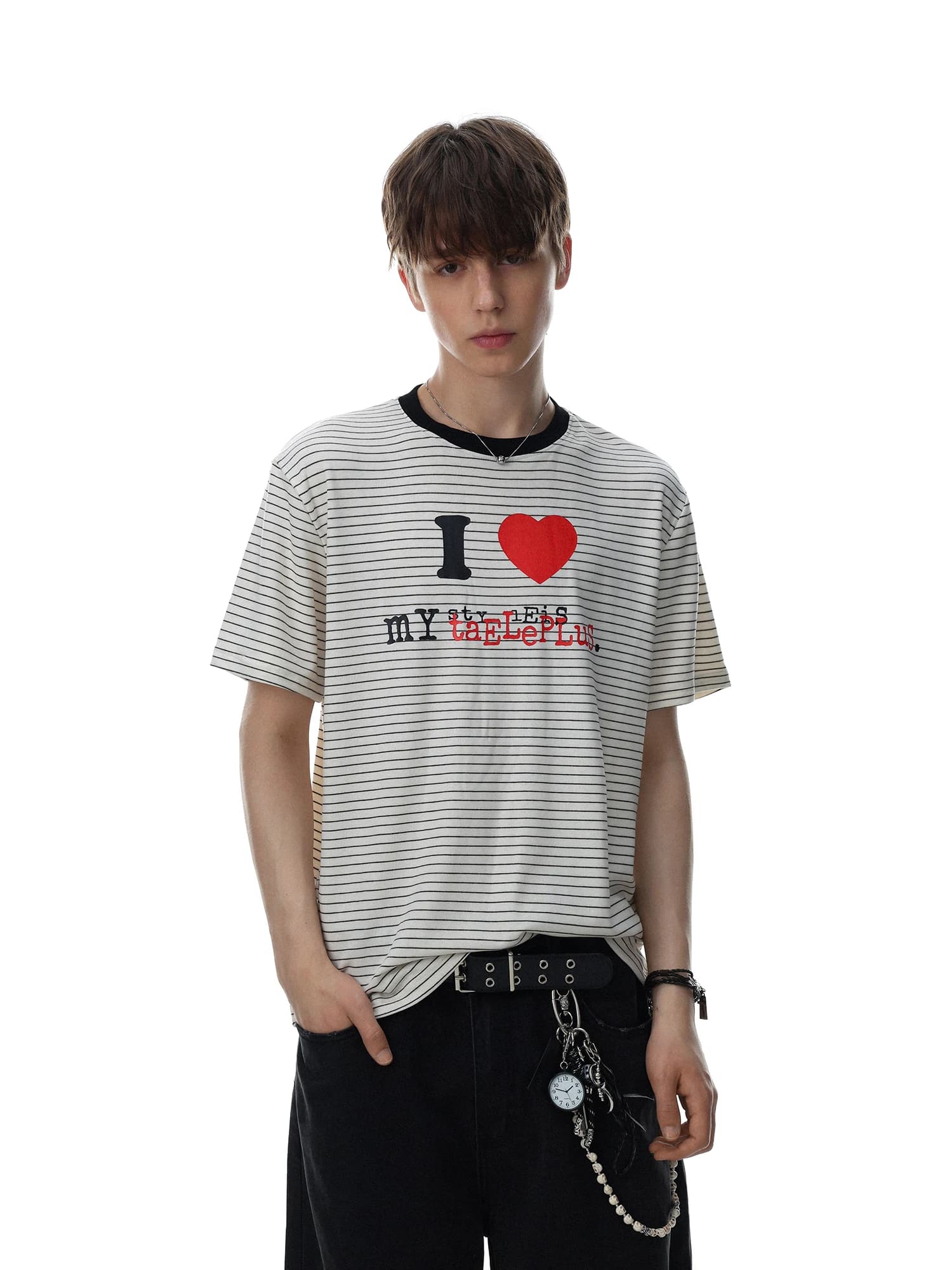 American Retro Striped Heart Print Short Sleeve T-Shirt Unisex Summer Loose Versatile Couple Tops Breathable Comfortable Skin...