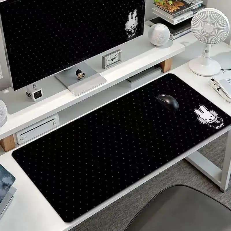 Cute Miffy Rabbit Large Mouse Pad Kawaii Bunny Headphone Gaming Desk Mat Black Dots Non‑Slip Laptop Keyboard Table Pad Office